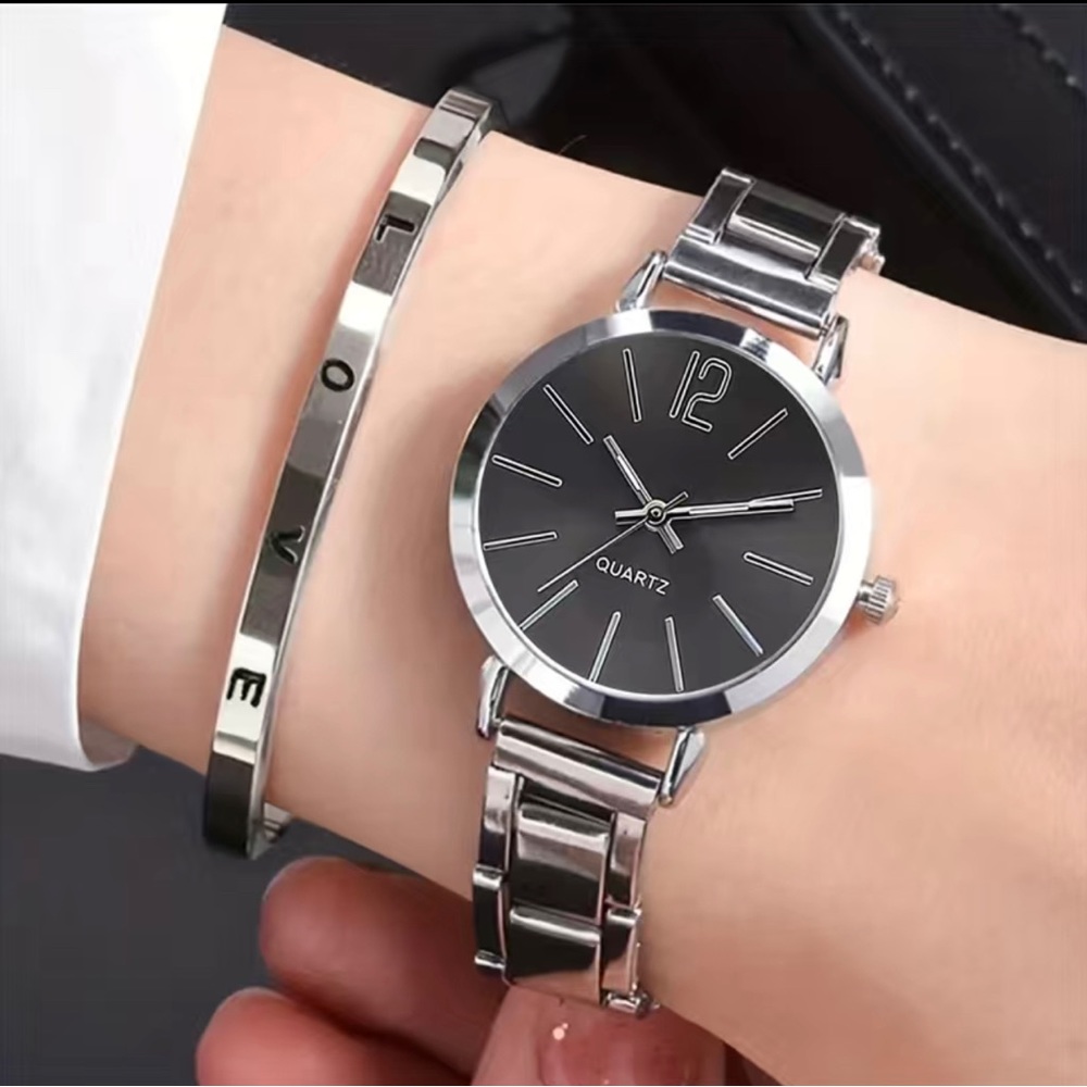 Minimalist Round Pointer Quartz Watch & LOVE Engraved Bracelet